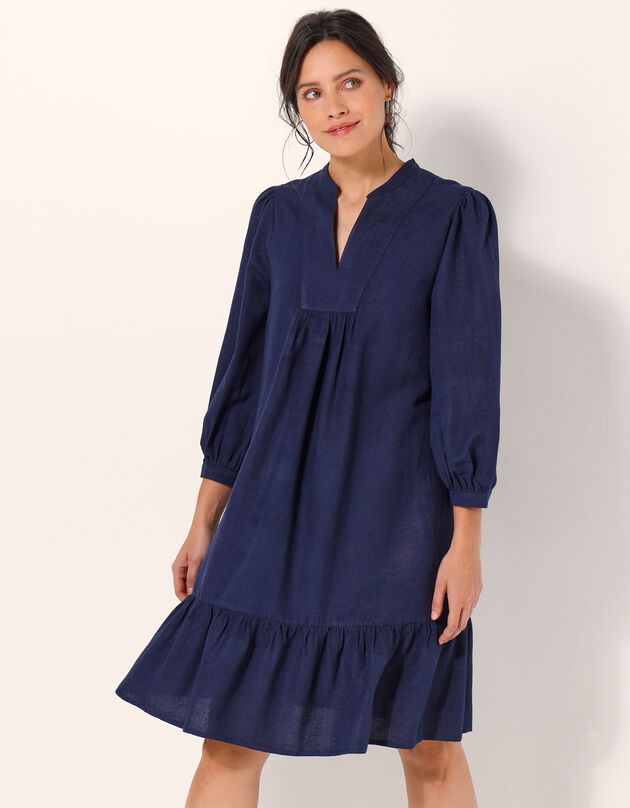 Robe manches 3/4 volantée viscose-lin (indigo)