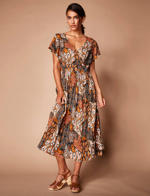 Robe volantée cache-coeur imprimée, crépon (kaki / beige)