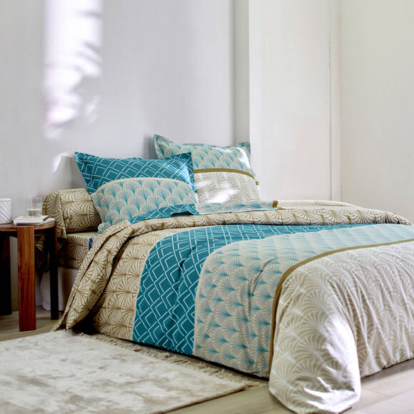 Linge de lit Eddy en coton à motifs graphiques (bleu paon)