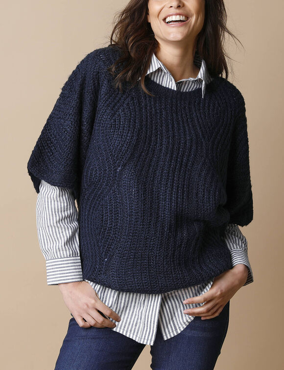 Pull poncho manches coudes, maille anglaise et torsades (marine)