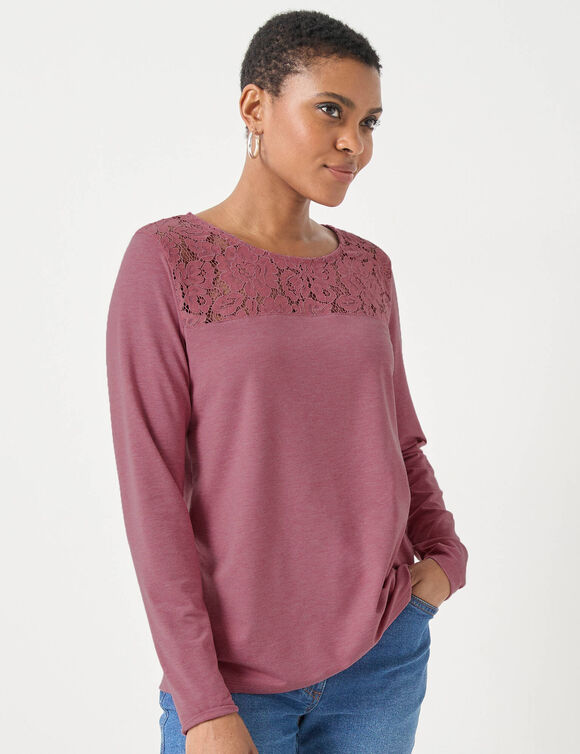 T-shirt col rond manches longues dentelle (bois de rose chin&eacute;)
