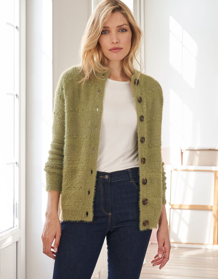 Cardigan boutonné maille poilue fantaisie (vert mousse) Cardigan boutonné maille poilue fantaisie (vert mousse)