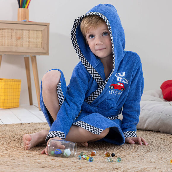 Peignoir de bain enfant à capuche voiture éponge coton - 340 g/m² (bleu dur)