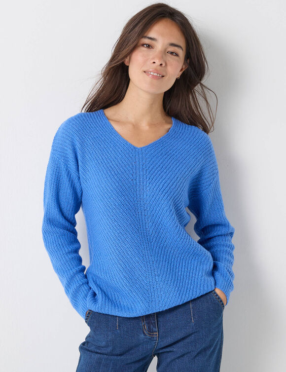 Pull col V, maille anglaise toucher doux (bleu lavande)