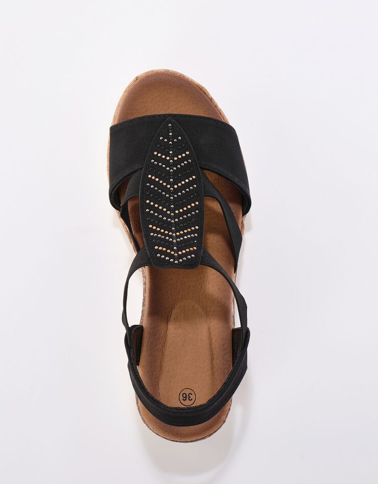 Sandales compensées à feuille perlée, talon fantaisie tri-matière (noir)