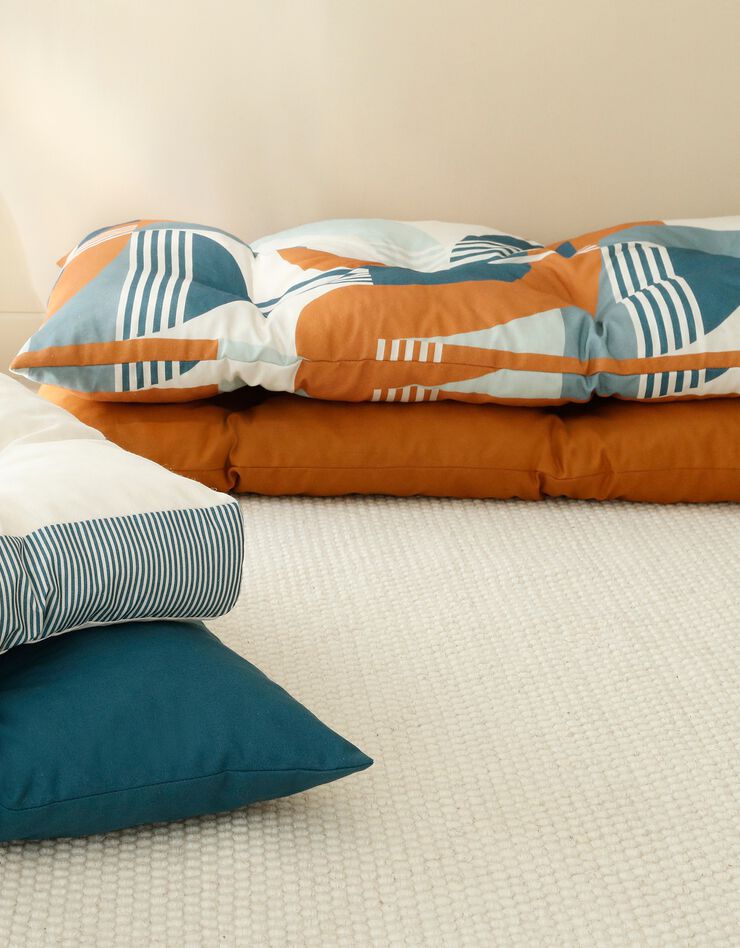 Long coussin déco imprimé géométrique Art Déco (bleu / caramel)