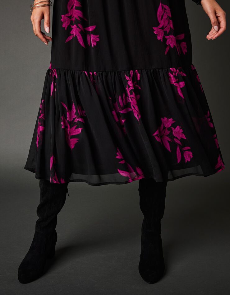 Robe longue voile imprimé fleurs (noir / violine)