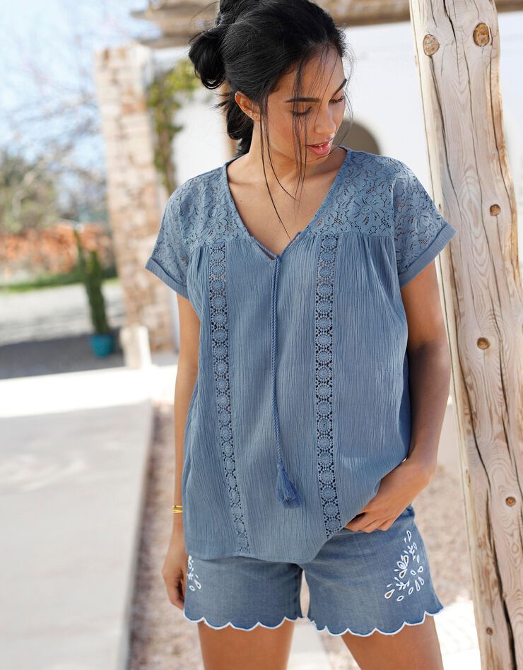 Tunique macramé crépon coton (bleu grisé) Tunique macramé crépon coton (bleu grisé)