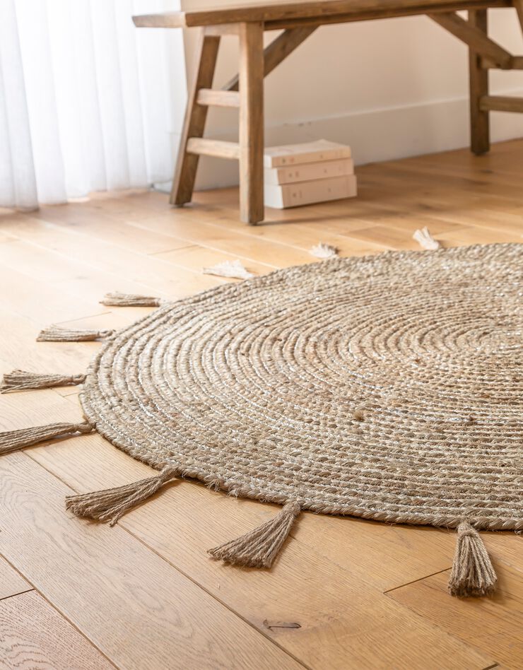 Tapis rond en jute avec fil scintillant et pompons (jute) Tapis rond en jute avec fil scintillant et pompons (jute)