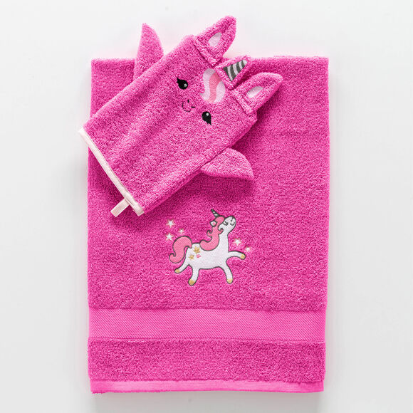 Collection éponge enfant brodée licorne coton - 380 g/m² (fuchsia)