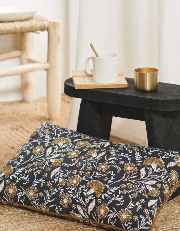 Coussin rectangulaire coton imprimé indien (bronze / noir)