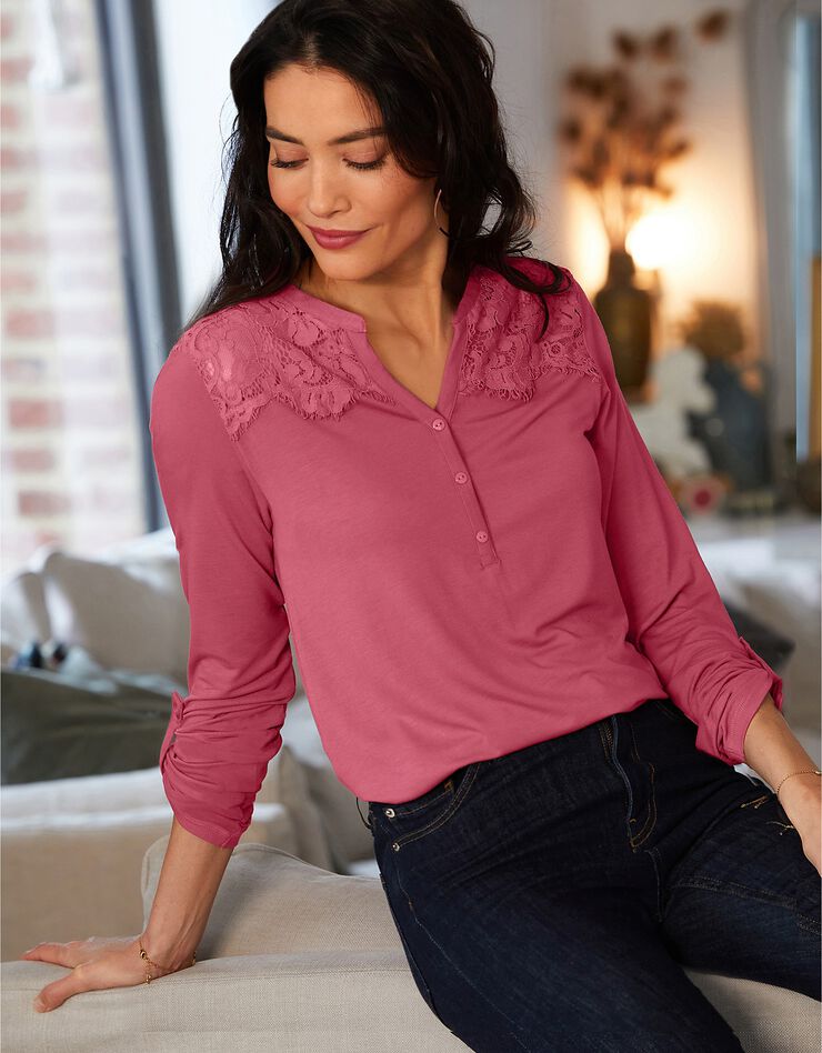 Tee-shirt col tunisien dentelle jersey (bois de rose) Tee-shirt col tunisien dentelle jersey (bois de rose)
