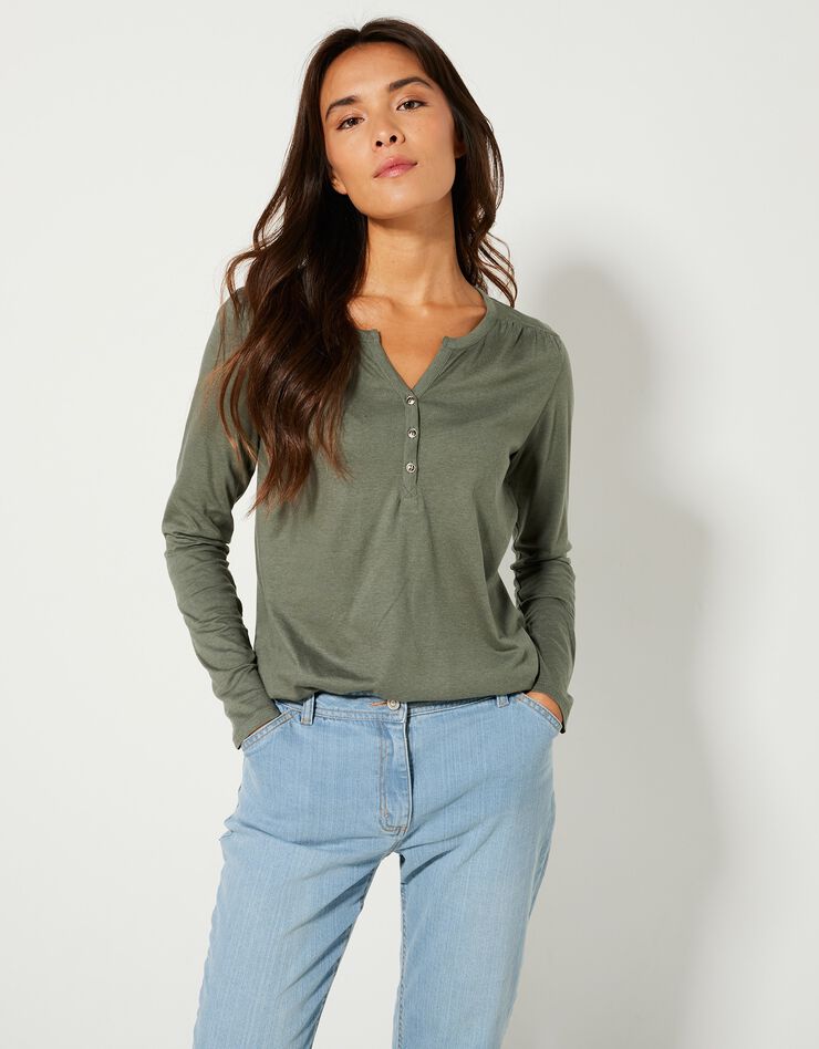 Tee-shirt col tunisien manches longues, uni (kaki) Tee-shirt col tunisien manches longues, uni (kaki)