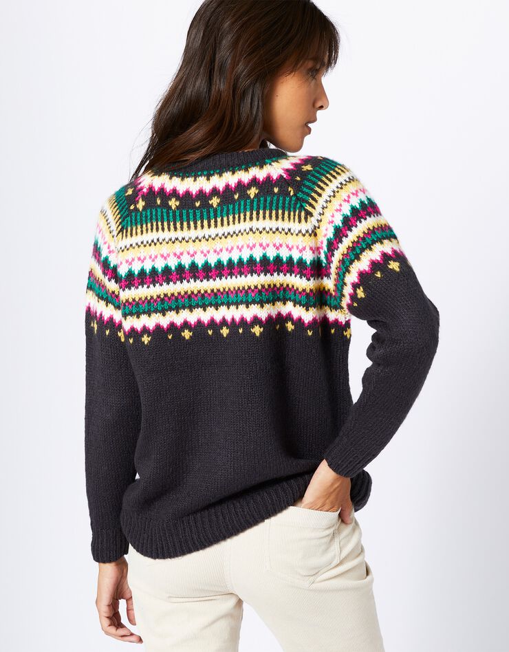 Pull col rond motif jacquard, toucher mohair (anthracite / miel) Pull col rond motif jacquard, toucher mohair (anthracite / miel)