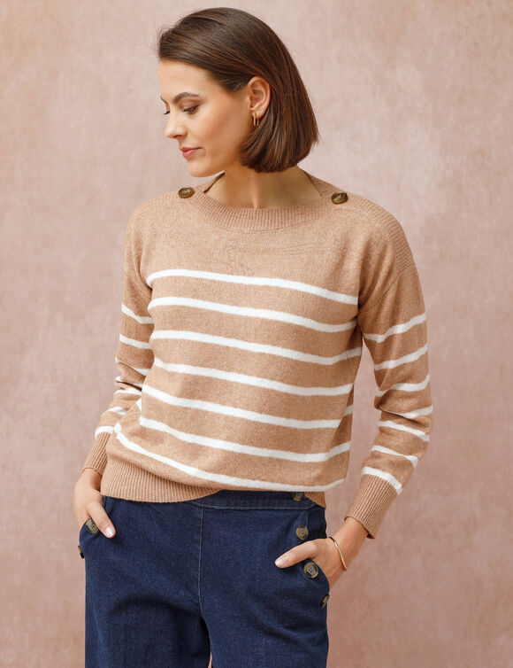 Pull col bateau rayé, épaules boutonnées (beige chiné / écru)
