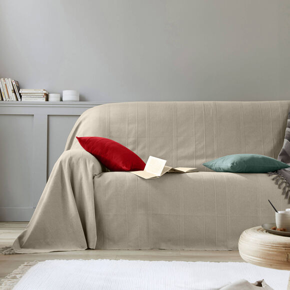   Plaid ou jet&eacute; uni coton tissage artisanal (ficelle)