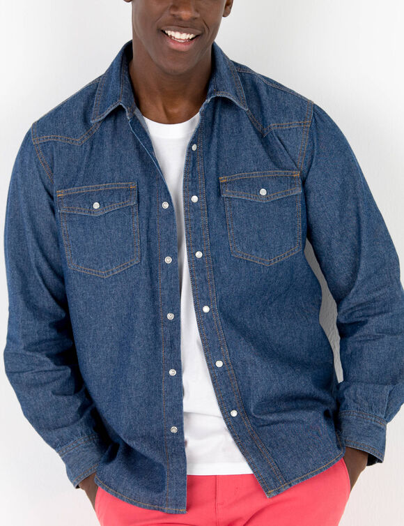 Chemise pressionn&eacute;e manches longues en jean (stone)