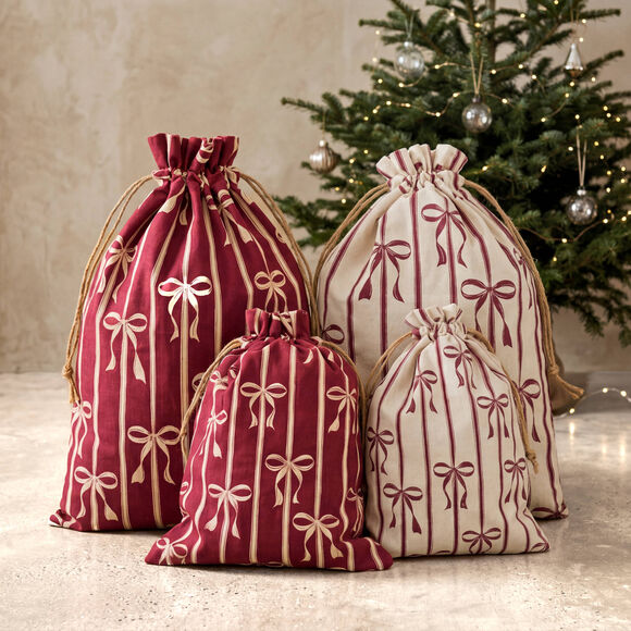 Pochon en tissu motif n&oelig;ud - lot de 2 (naturel/rouge)
