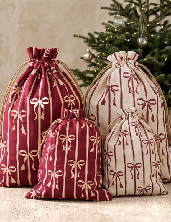 Pochon en tissu motif n&oelig;ud - lot de 2 (naturel/rouge)