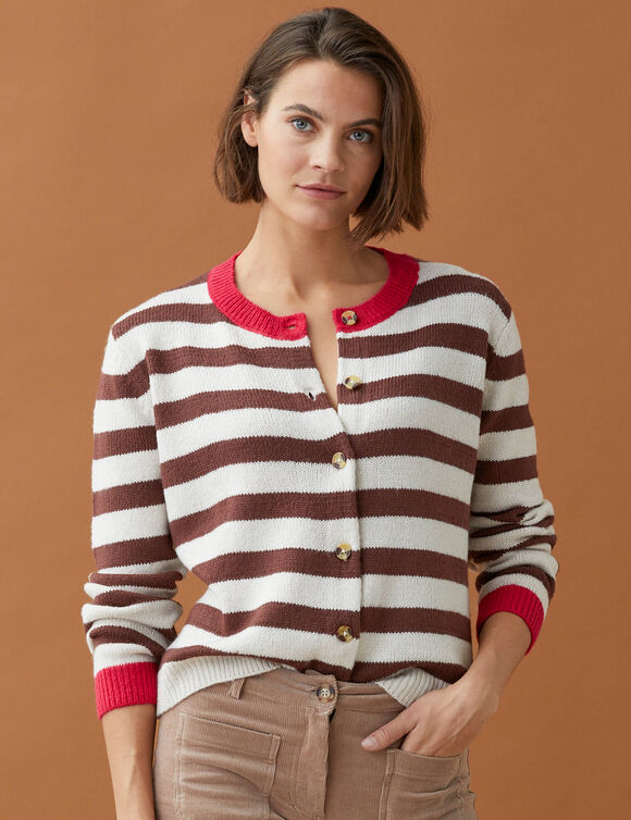 Gilet ray&eacute; col rond en maille, finitions contrast&eacute;es (beige / chocolat)