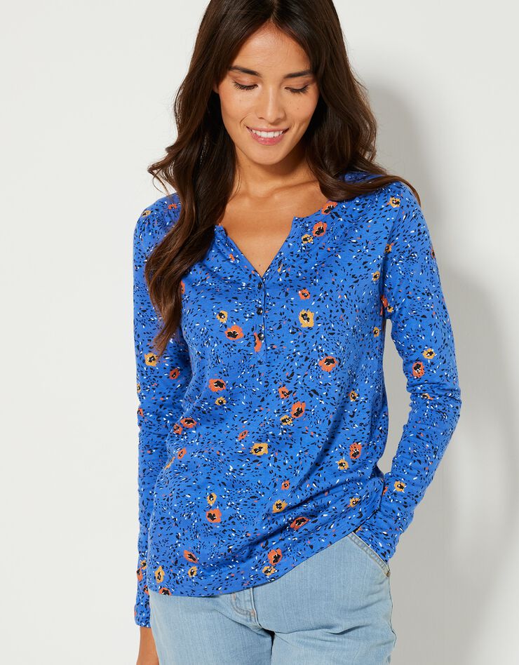 Tee-shirt col tunisien manches longues, imprimé (bleu) Tee-shirt col tunisien manches longues, imprimé (bleu)