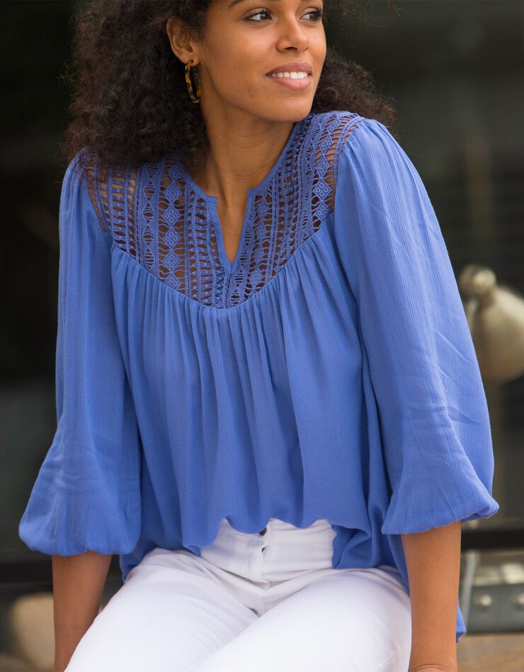 Blouse macramé manches 3/4 (bleu) Blouse macramé manches 3/4 (bleu)