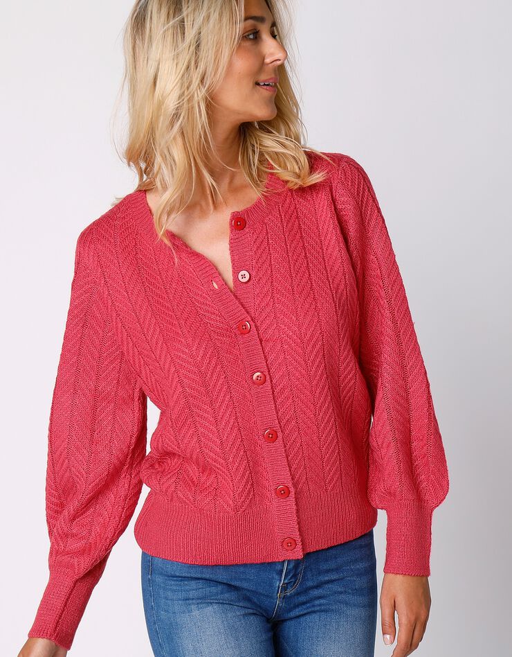 Cardigan boutonné maille fantaisie manches bouffantes (corail) Cardigan boutonné maille fantaisie manches bouffantes (corail)