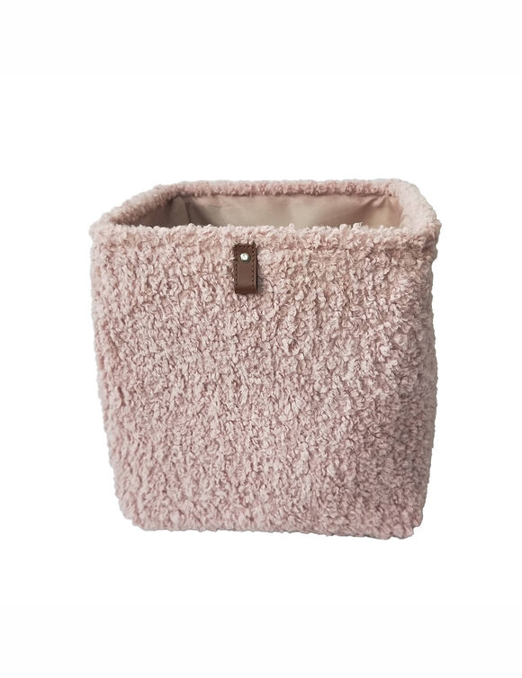Panier rangement carr&eacute; en bouclette sherpa (rose poudr&eacute;)
