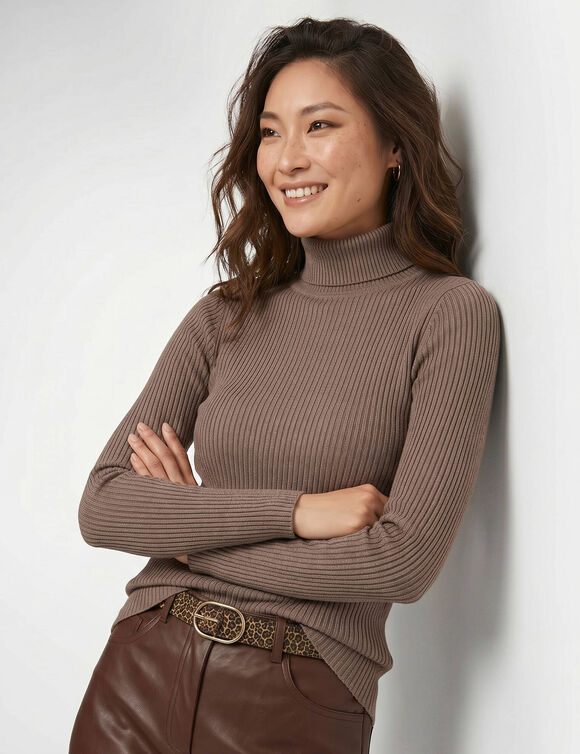 Pull col roul&eacute;, maille c&ocirc;tel&eacute;e (taupe)