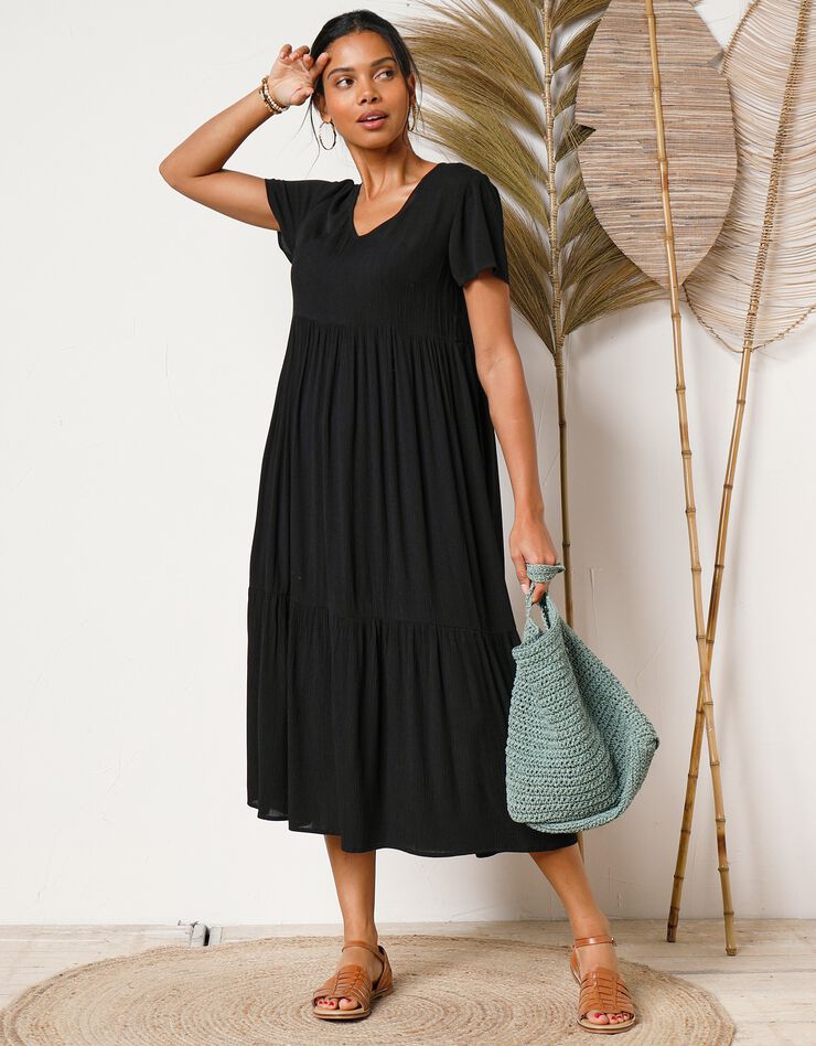 Robe col V longue unie, crépon (noir)