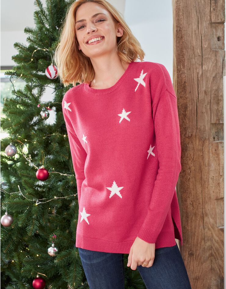 Pull jacquard étoiles maille toucher cachemire (framboise / écru) Pull jacquard étoiles maille toucher cachemire (framboise / écru)
