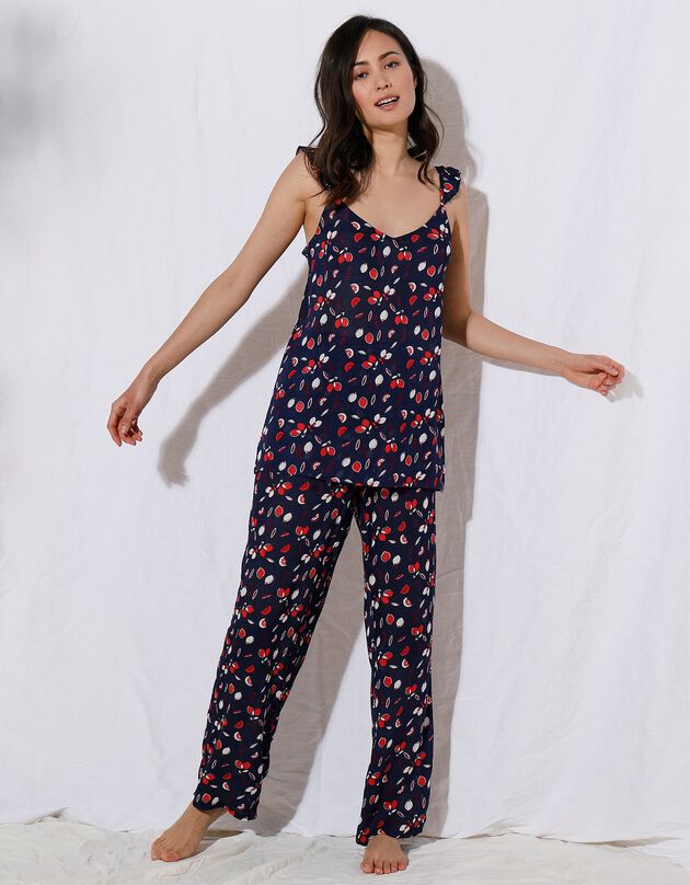 Pyjama viscose fines bretelles imprimé « citrons » (marine / rouge)