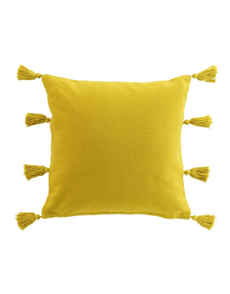 Coussin déhoussable unis à pompons (jaune)