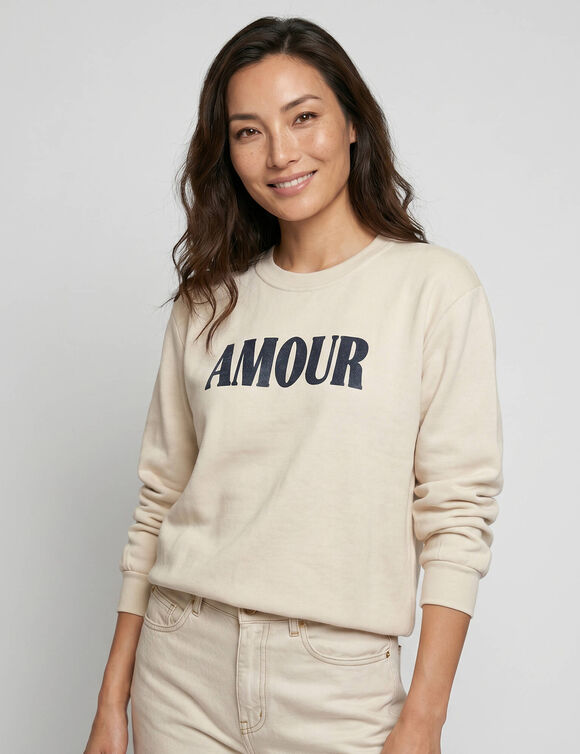 Sweat &agrave; message brillant Amour, en molleton gratt&eacute; (&eacute;cru)