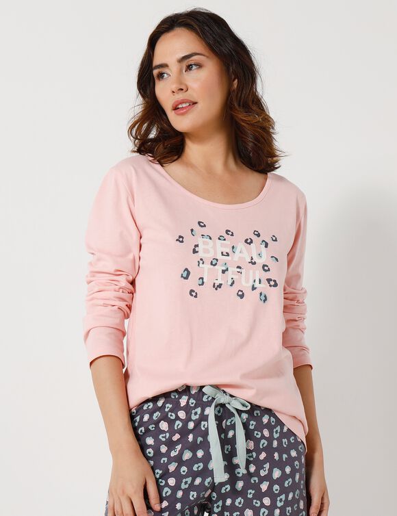 Tee-shirt manches longues coton uni imprimé placé "Beautiful" (rose)