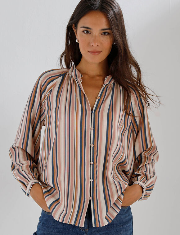 Chemisier ample imprim&eacute; ray&eacute;, manches blousantes  (beige / rose)