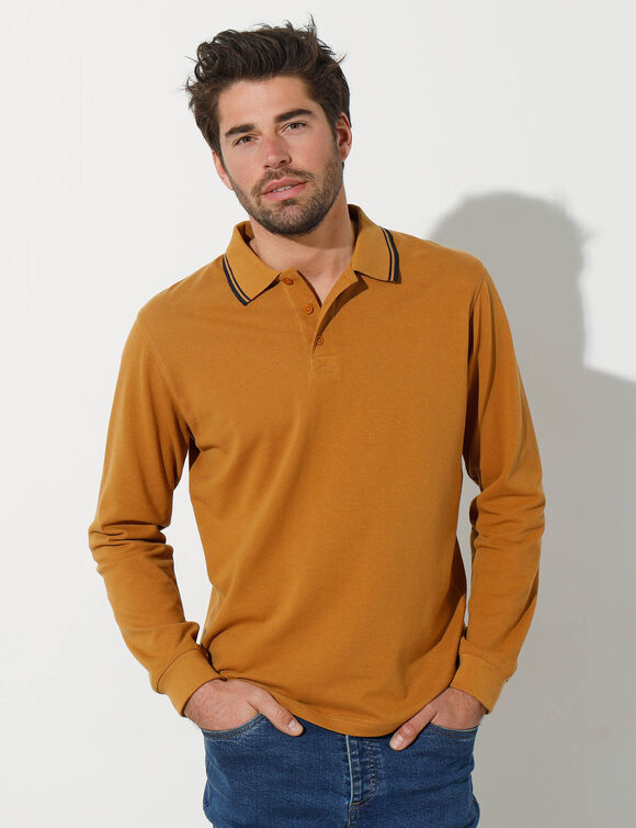Polo uni maille piquée manches longues (miel)