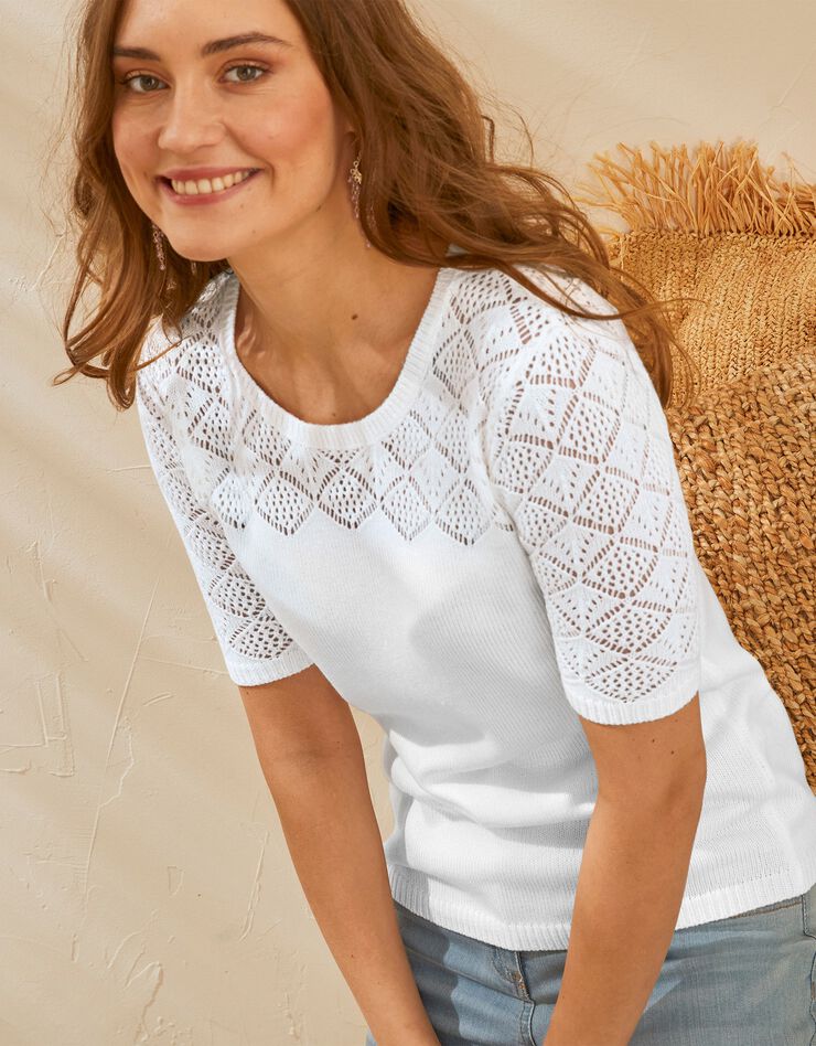 Pull manches courtes, maille ajourée toucher cachemire (blanc) Pull manches courtes, maille ajourée toucher cachemire (blanc)