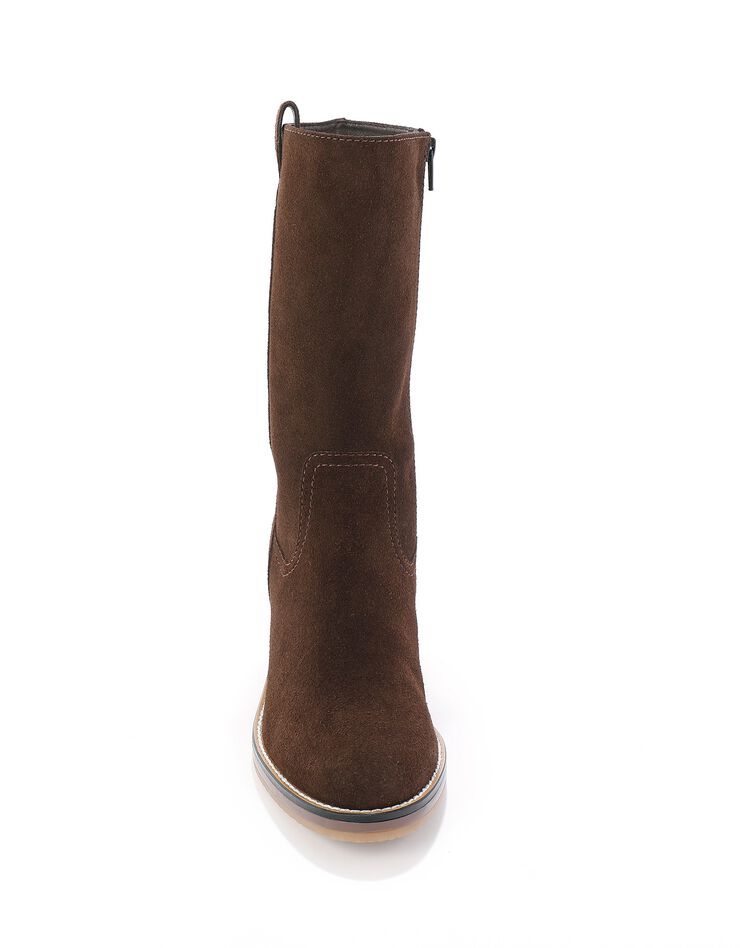 Bottes mi-hautes en croûte de cuir à talon (chocolat) Bottes mi-hautes en croûte de cuir à talon (chocolat)