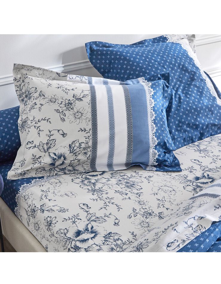 Linge de lit Gabrielle en coton imprimé pois, fleurs et dentelle (bleu marine)