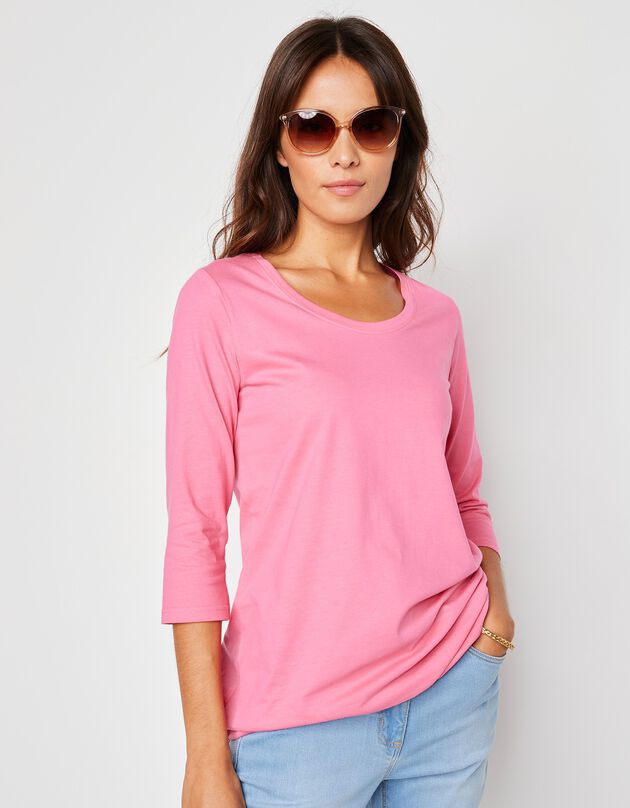 Tee-shirt manches 3/4 col rond uni coton (rose)