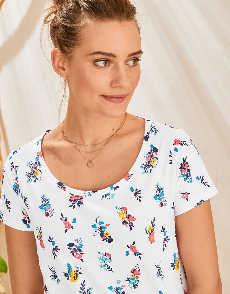 Tee-shirt col rond imprimé fleuri coton bio (blanc) Tee-shirt col rond imprimé fleuri coton bio (blanc)