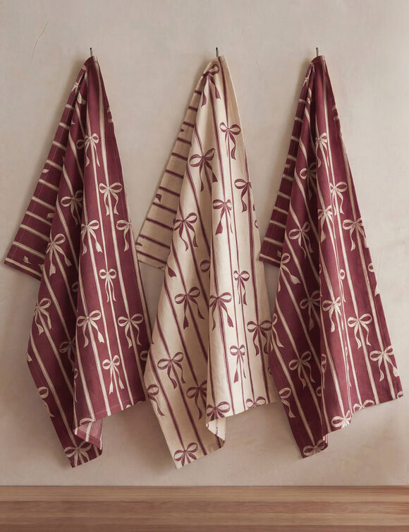 Torchons imprim&eacute;s, en coton/lin - lot de 3 (naturel / rouge)