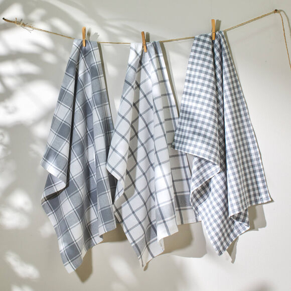 Torchon carreaux coton tiss&eacute; teint - lot de 3 (gris)