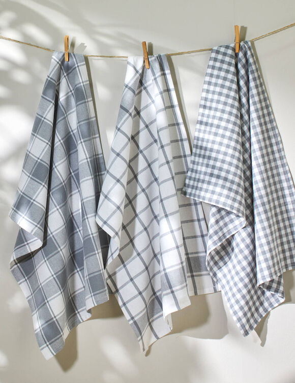 Torchon carreaux coton tiss&eacute; teint - lot de 3 (gris)