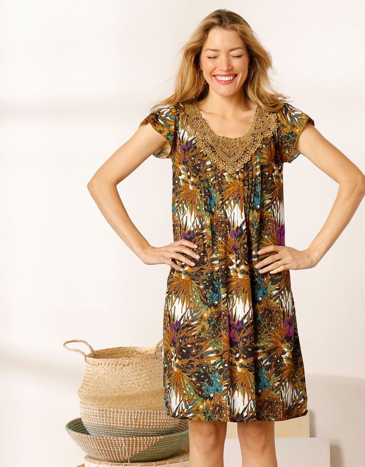 Robe imprimé tropical - décolleté macramé (miel)