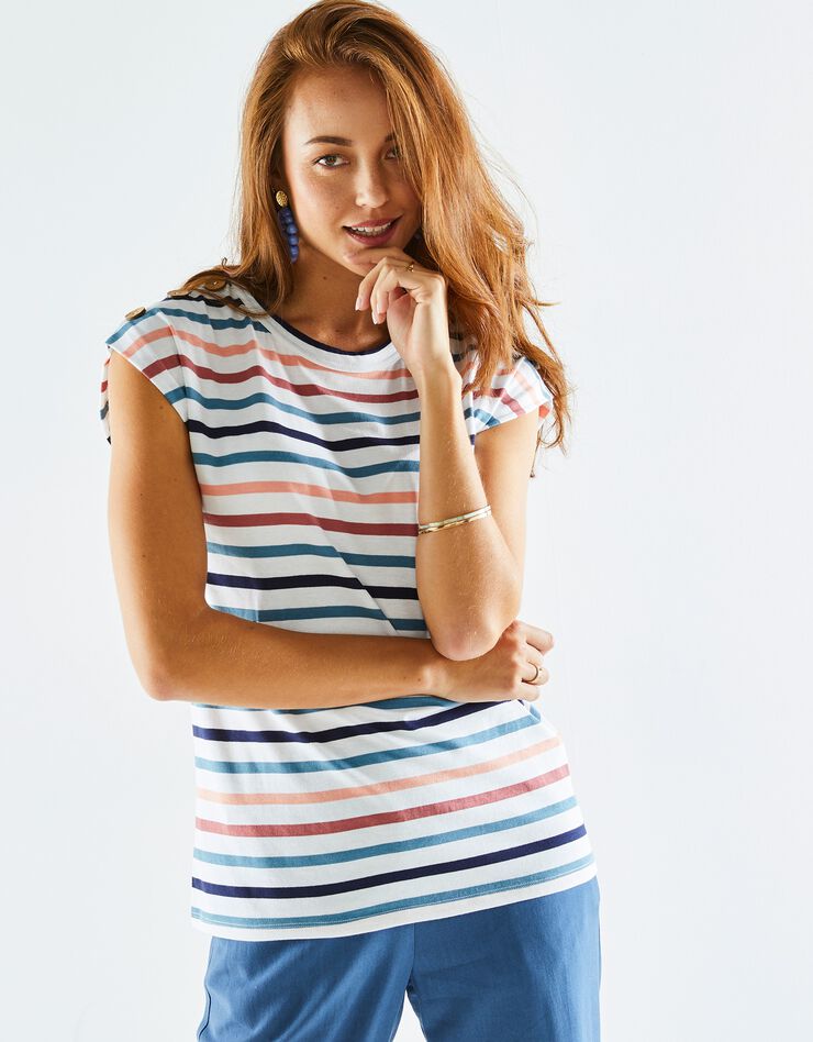 Tee-shirt rayé détail boutonné maille jersey (blanc / multicolore) Tee-shirt rayé détail boutonné maille jersey (blanc / multicolore)