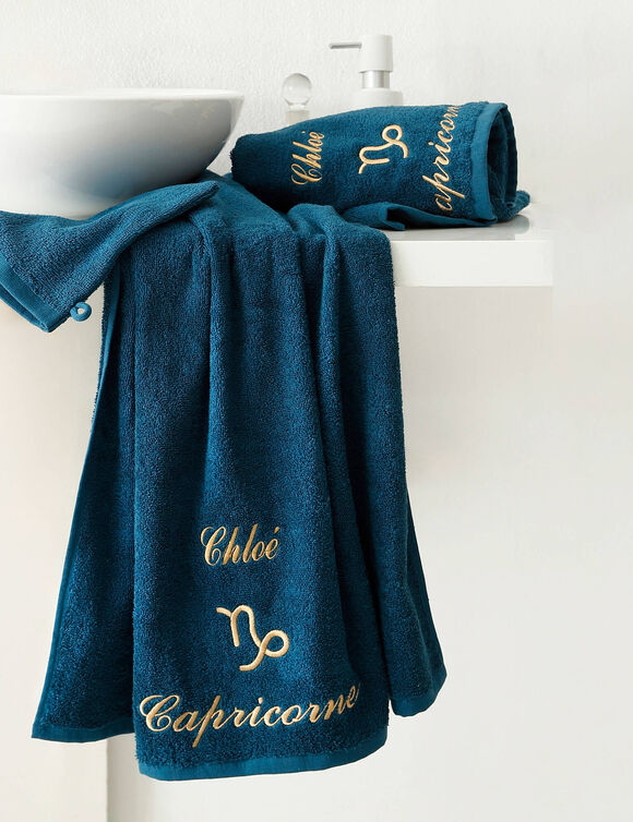 Serviettes de bain brodées Capricorne personnalisable - 420g/m2 (bleu paon)