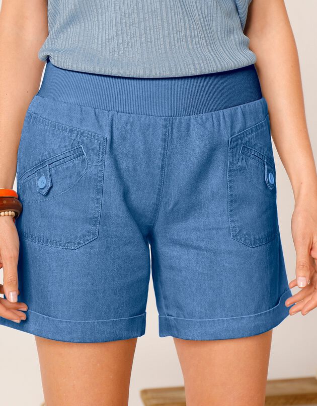Short coupe droite taille élastiquée, denim (bleached clair)