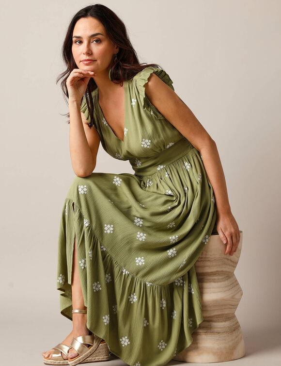 Robe longue imprimée, crépon (kaki / écru)